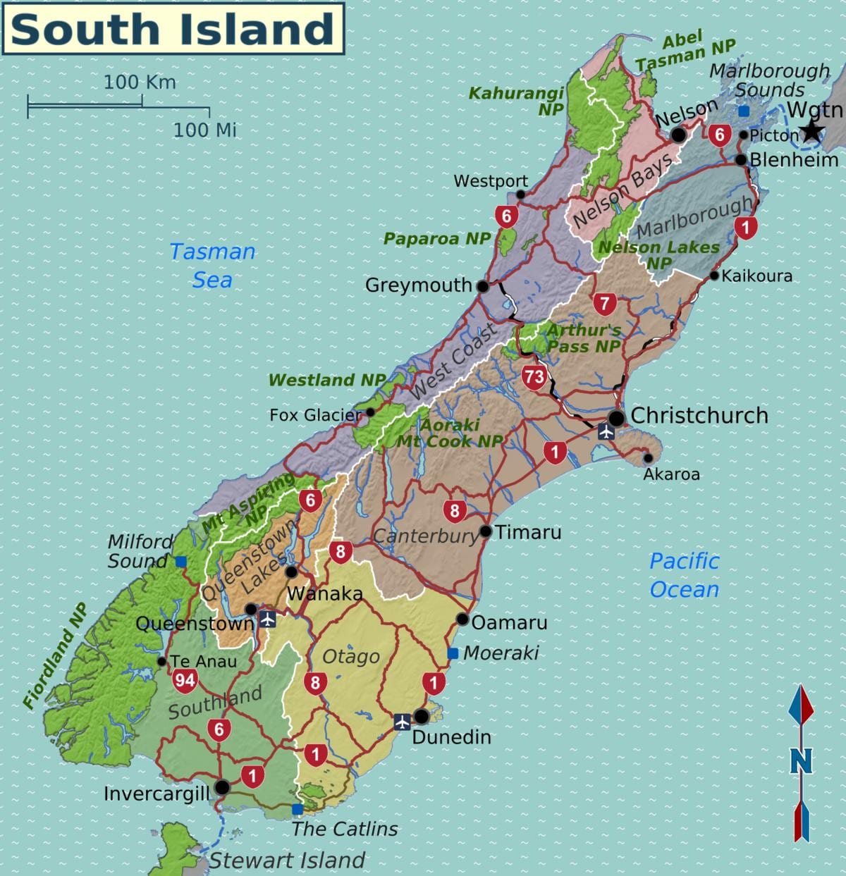 Mapa de l'illa sud de nova zelanda regions