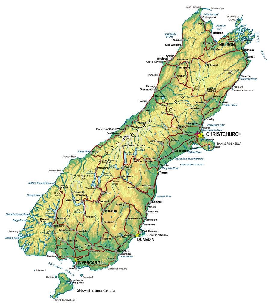 Mapa de nova zelanda, sud de l'illa de viatges
