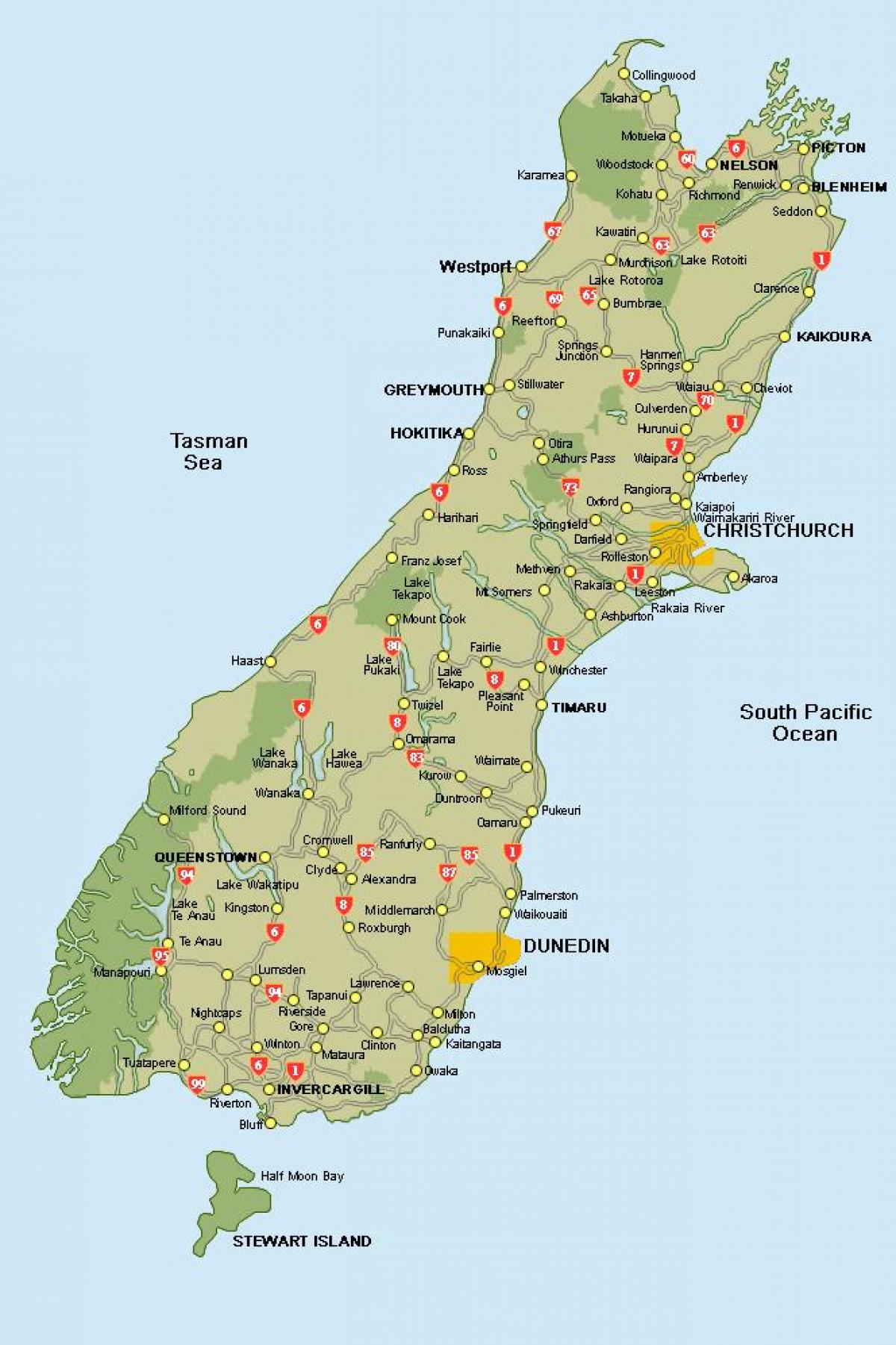 nova zelanda mapa de l'illa sud de la carretera mapa