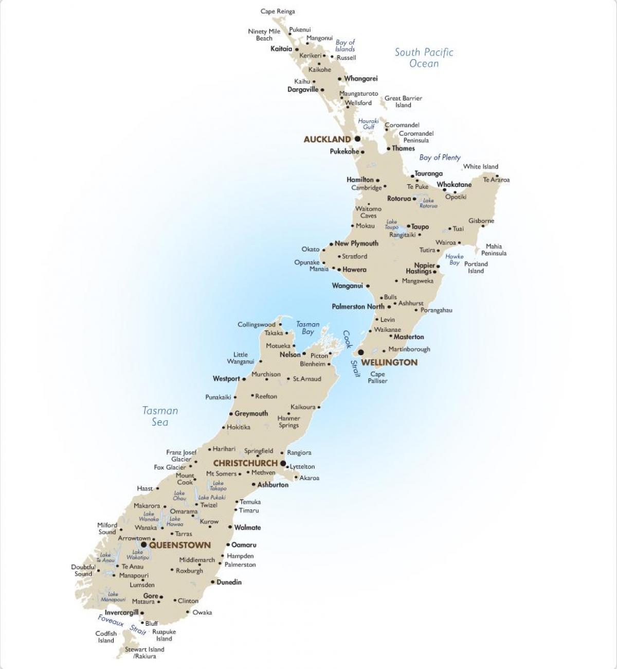 mapa de nova zelanda amb les principals ciutats