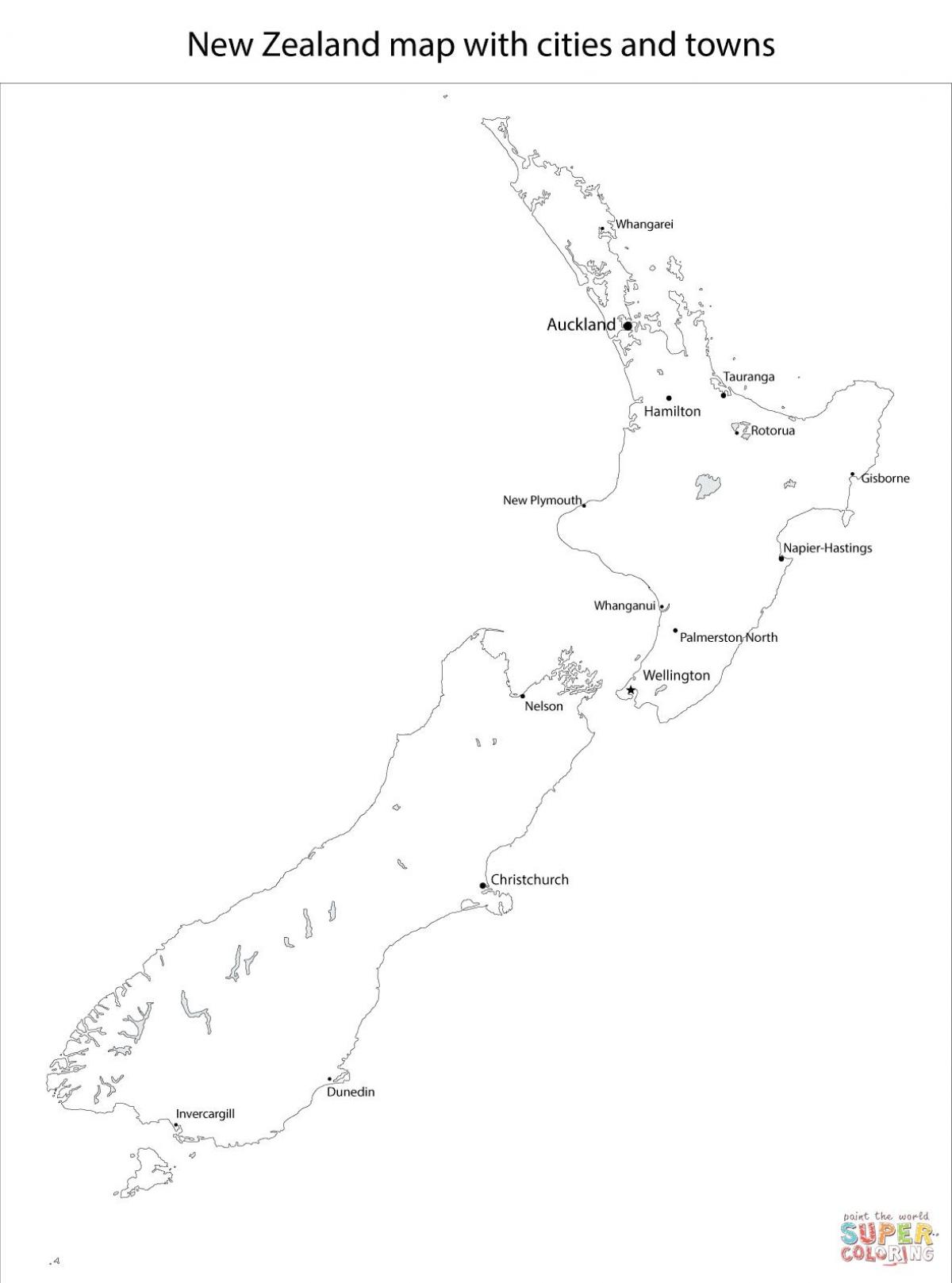 nova zelanda mapa amb les ciutats i els pobles