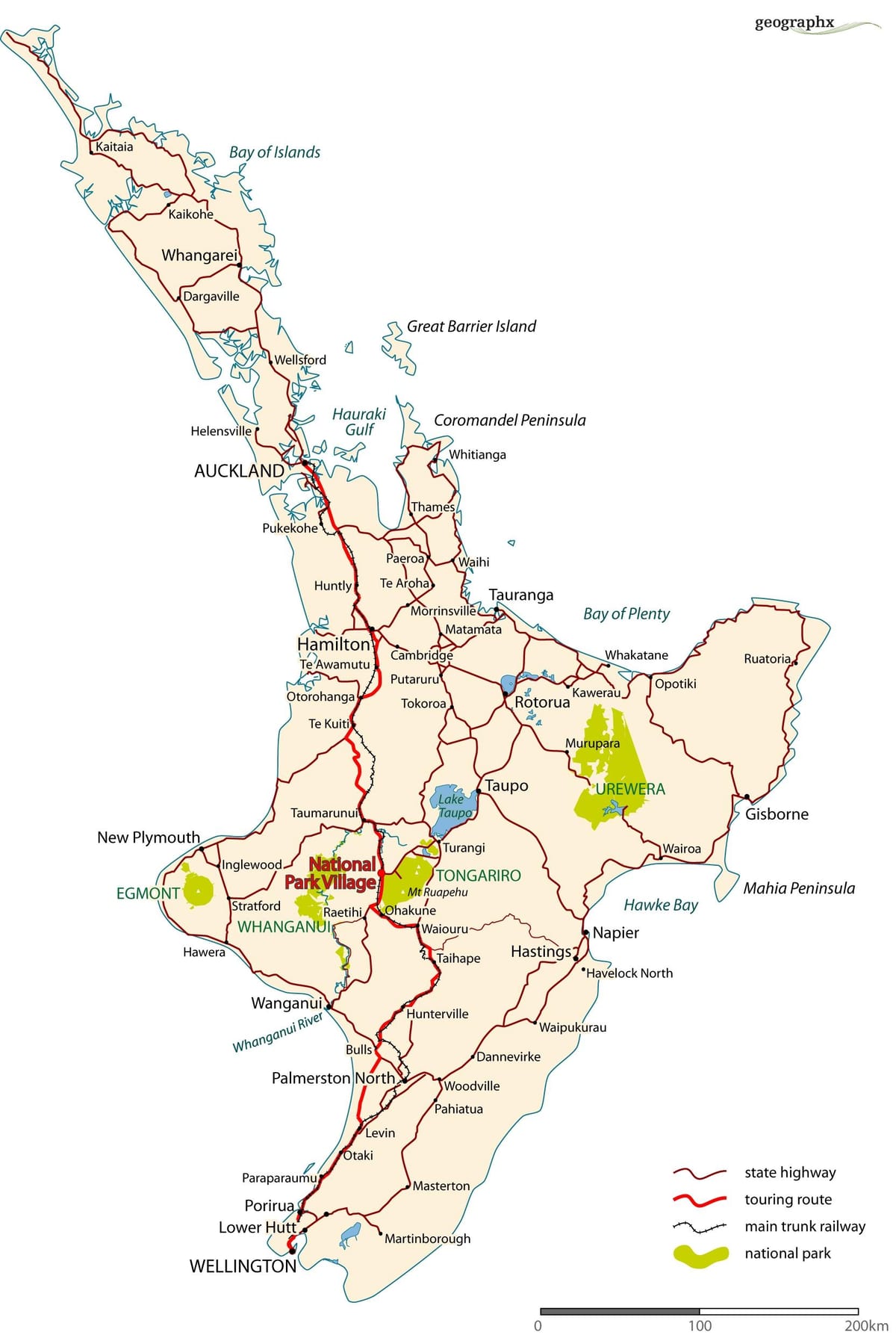 detallat mapa de carreteres de l'illa nord de nova zelanda
