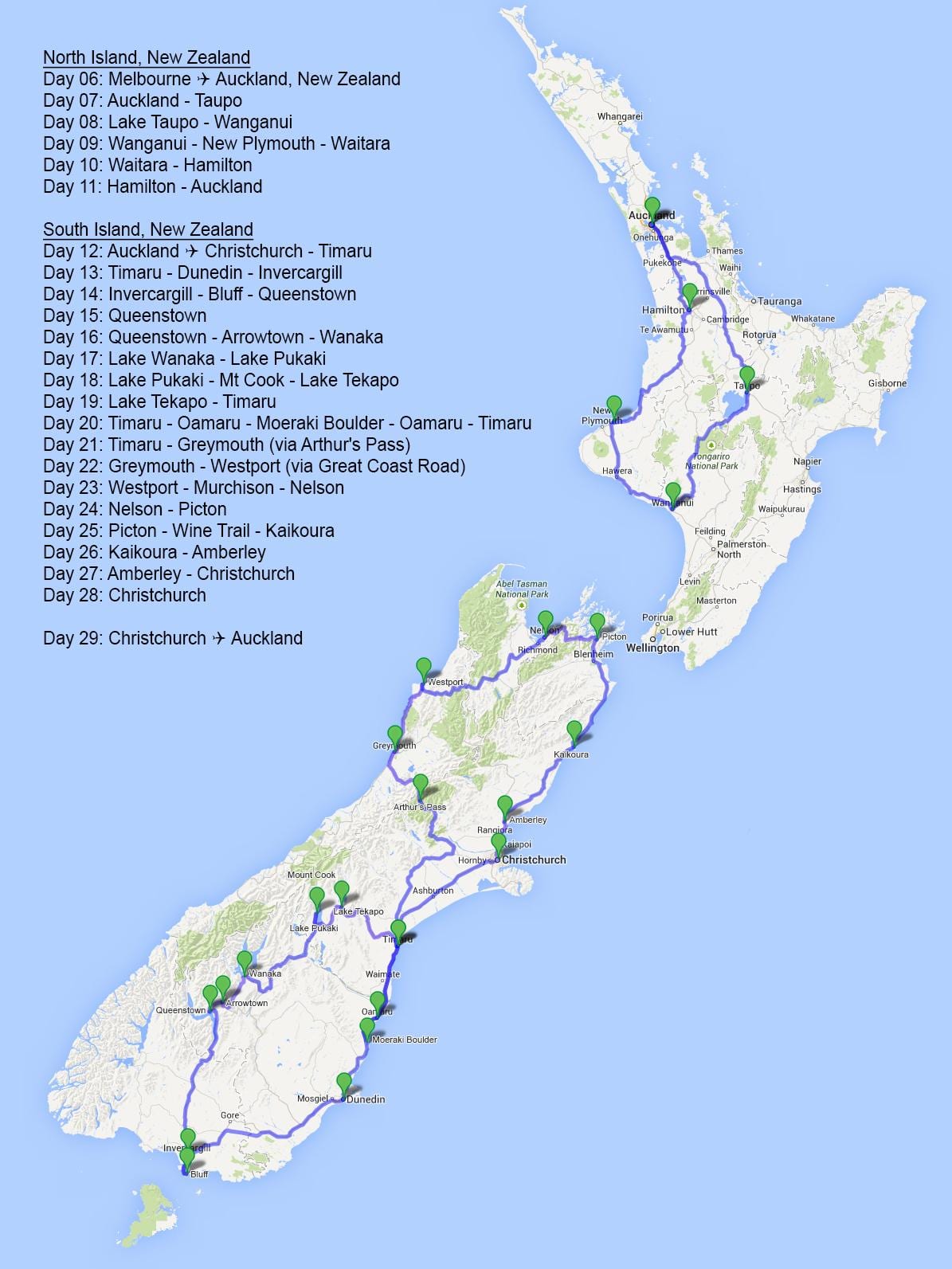 Mapa de nova zelanda planificador de viatges 