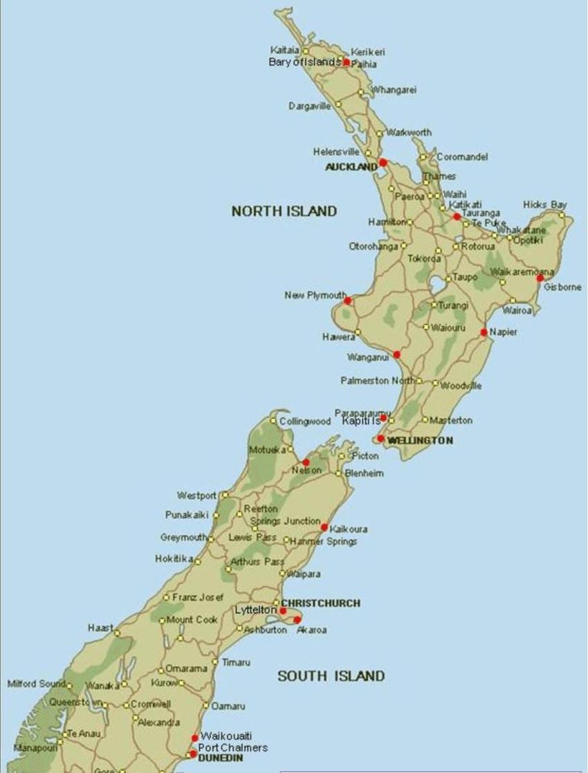 Mapa de nova zelanda ports