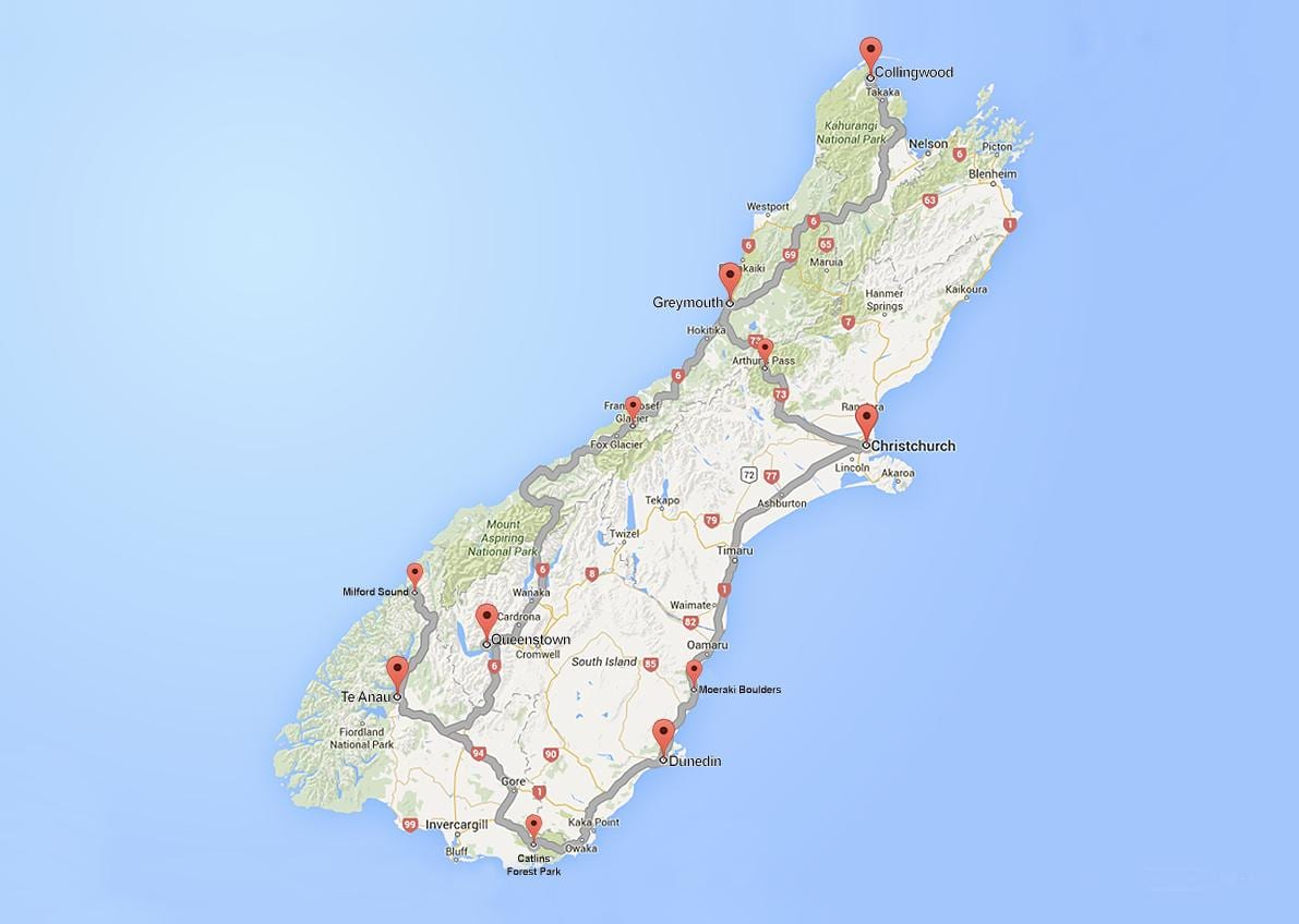 detallat mapa de carreteres de l'illa sud de nova zelanda